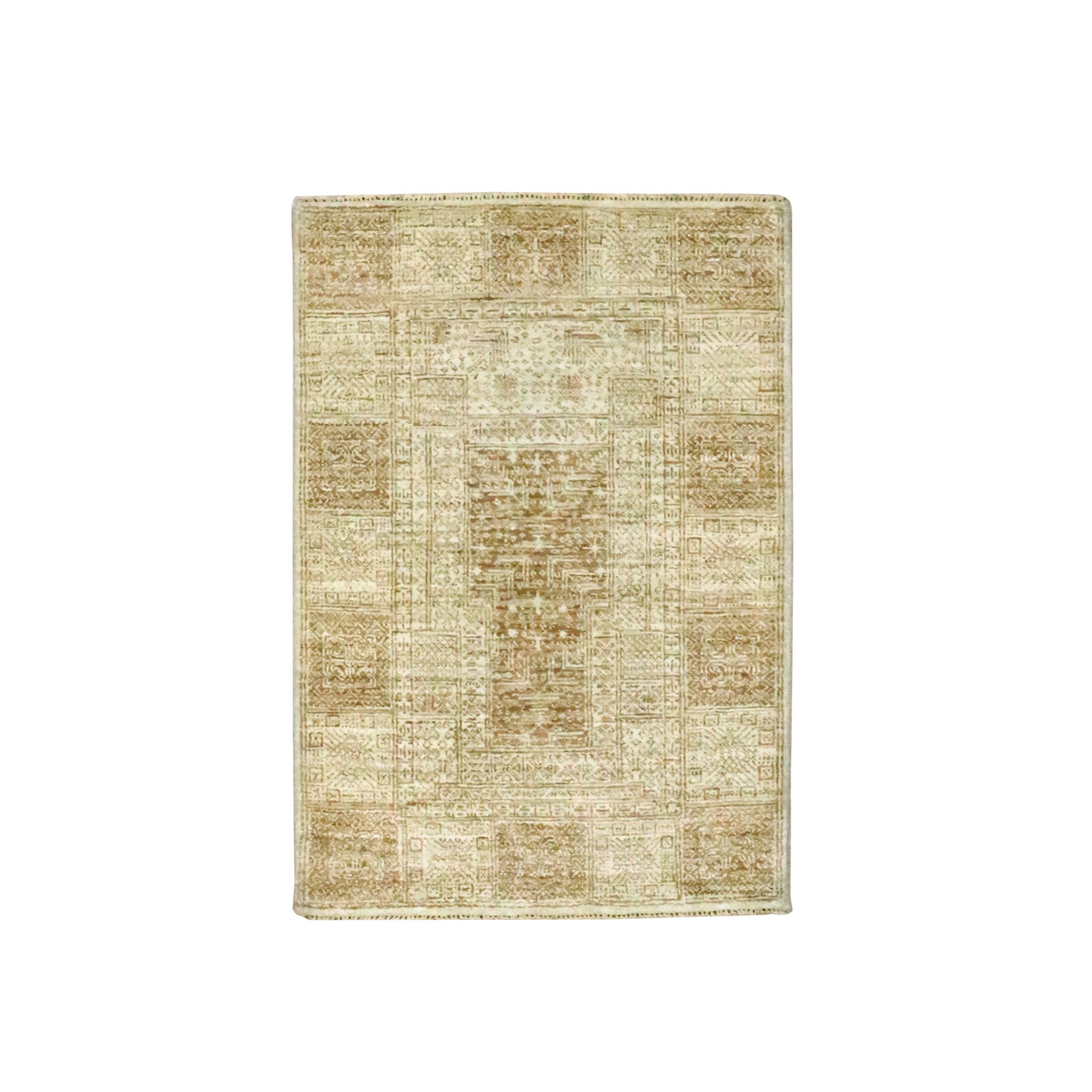 2'x3' Beige, Garden Design, Tone on Tone, Hand Knotted, Pure Wool, Sample, Mat, Oriental Rug 